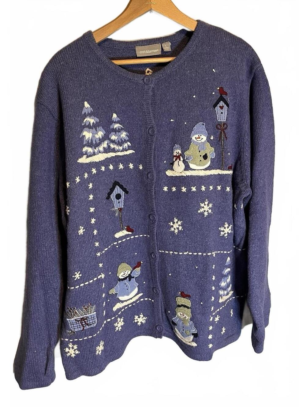 Croft & Barrow Cardigan Sweater Women’s Large Blue Winter Snowman Wool Angora Bl